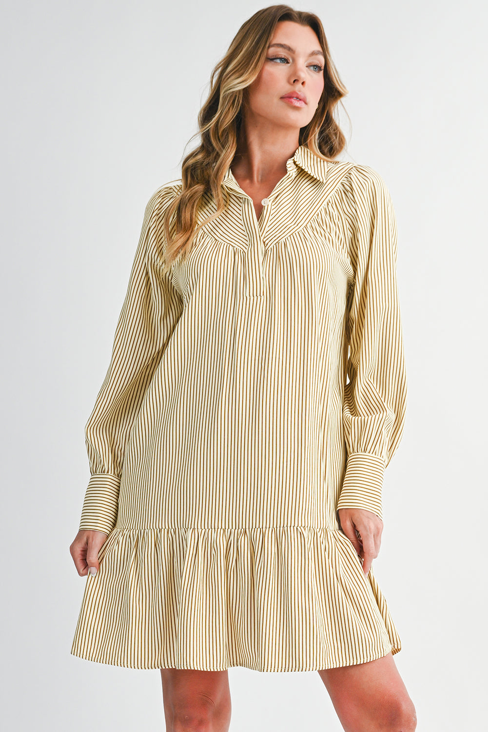 Brown Striped Shirt Collar Ruffle Hem Long Sleeve Dress