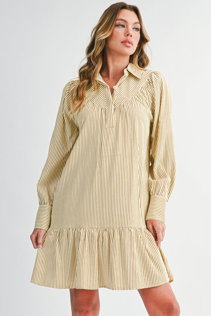 Brown Striped Shirt Collar Ruffle Hem Long Sleeve Dress