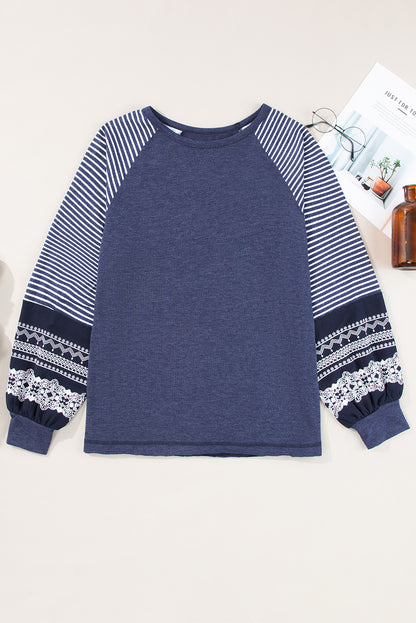 Brown Contrast Print Striped Raglan Long Sleeve Loose Top