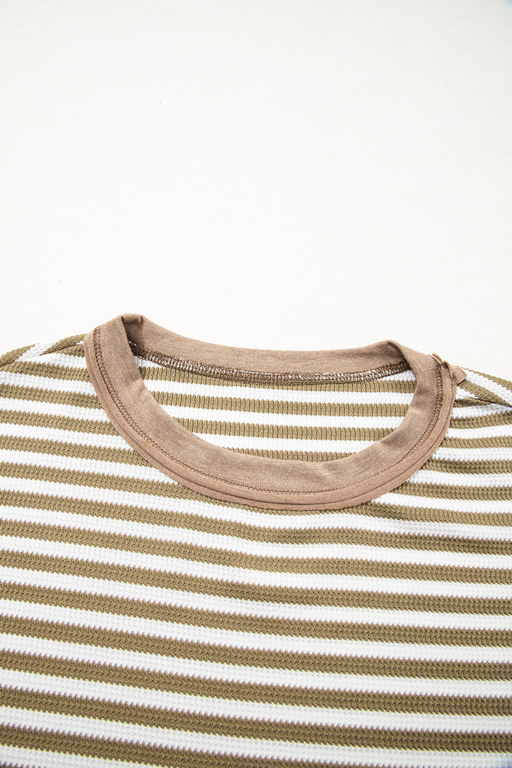 Khaki Stripe Patchwork Knit Drop Shoulder Top