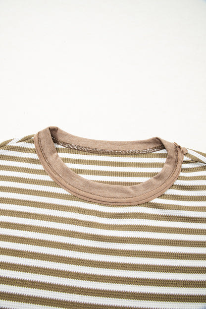 Khaki Stripe Patchwork Knit Drop Shoulder Top