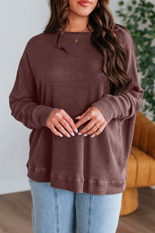 Dark Brown Ribbed Plain Long Sleeve Loose Top