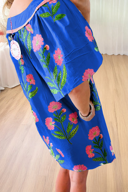 Blue Striped Trim Short Sleeve Split Neck Floral Mini Dress