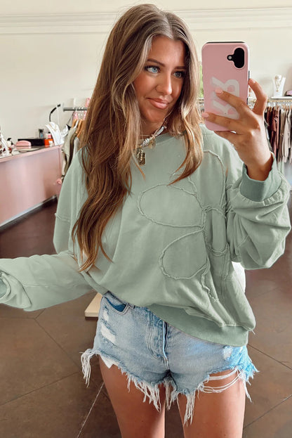 Smoke Green Raw Edge Flower Patch Drop Shoulder Long Sleeve Top