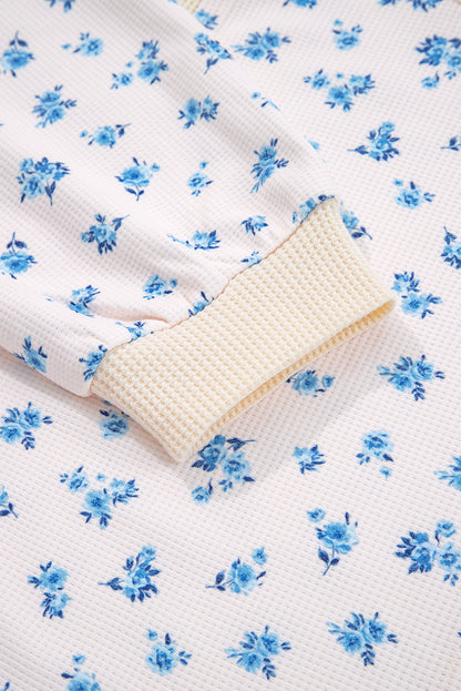 Beige Floral Print Waffle Patchwork Balloon Sleeve V Neck Oversized Top