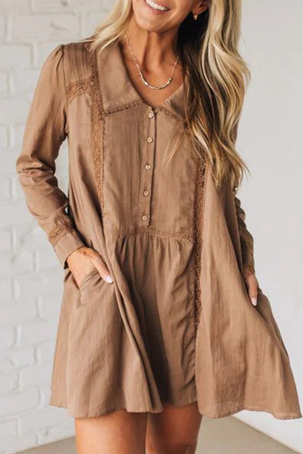 Straw Yellow Lace Trim Peter Pan Collar Long Sleeve Mini Shirt Dress