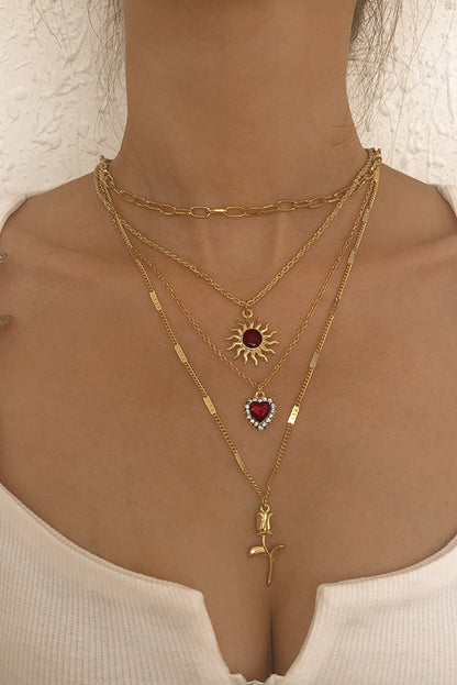 Gold Vintage Sun Heart Flower Pendant Charm Multi Layer Necklace