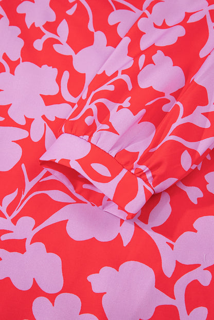 Red Floral 3/4 Sleeve Ruffle Hem Mini Dress