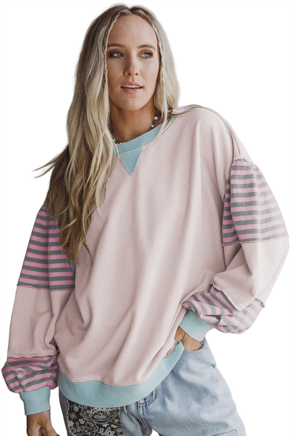 Parchment Colorblock Patchwork Striped Sleeve Sweatshirt