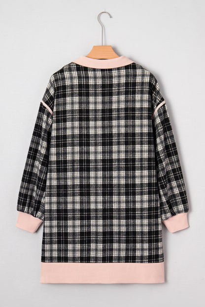 Black Casual Plaid Zipper Long Sleeve Mini Dress