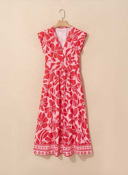 Red Boho Floral V-Neck Ruffle Shoulder Maxi Dress