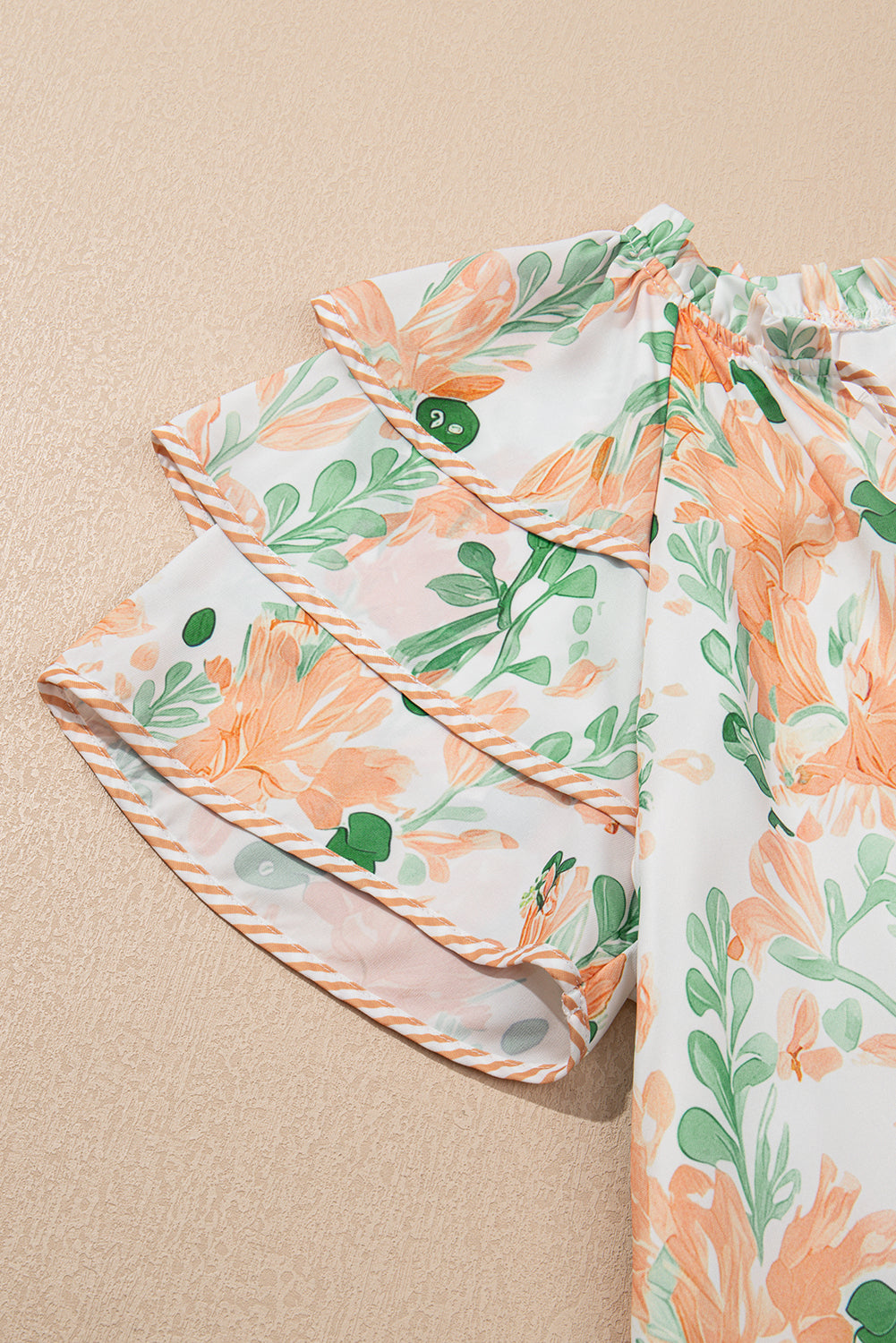 Sky Blue Floral Contrast Edge Ruffle Sleeve Tie Neck Mini Dress