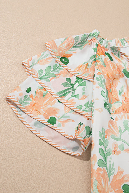 Sky Blue Floral Contrast Edge Ruffle Sleeve Tie Neck Mini Dress