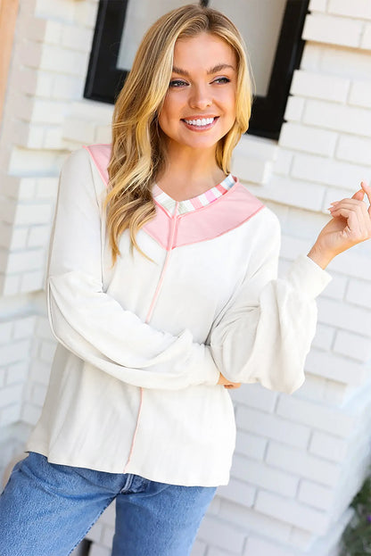 White Rainbow Striped V Neck Colorblock French Terry Top