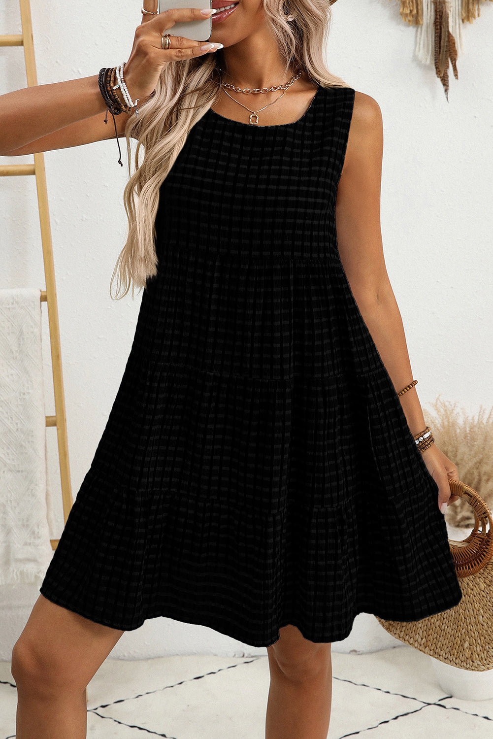Light Blue Gingham High Waist Sleeveless Mini Dress