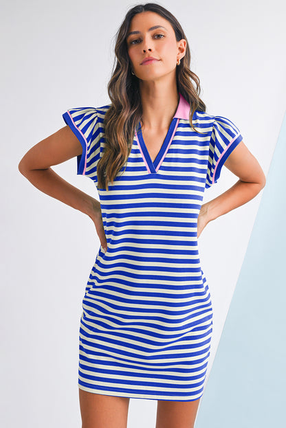 Green Striped Ruffle Short Sleeve Pop of Color Neckline Dress
