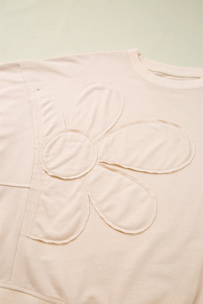 Smoke Green Raw Edge Flower Patch Drop Shoulder Long Sleeve Top