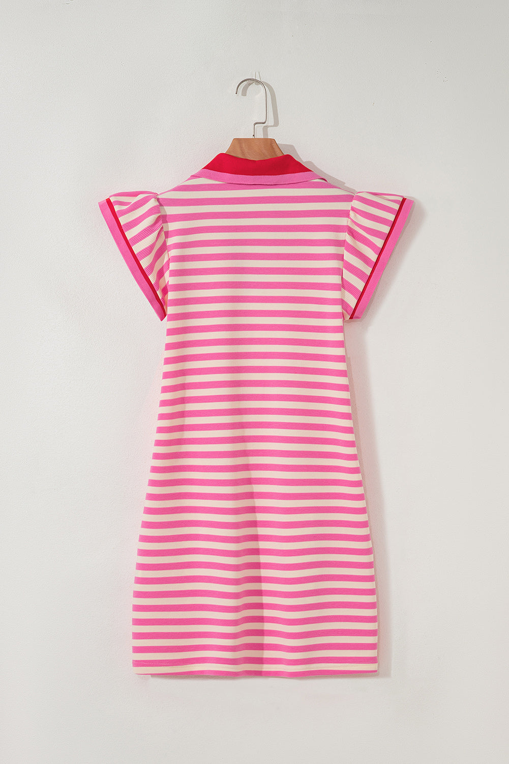 Green Striped Ruffle Short Sleeve Pop of Color Neckline Dress