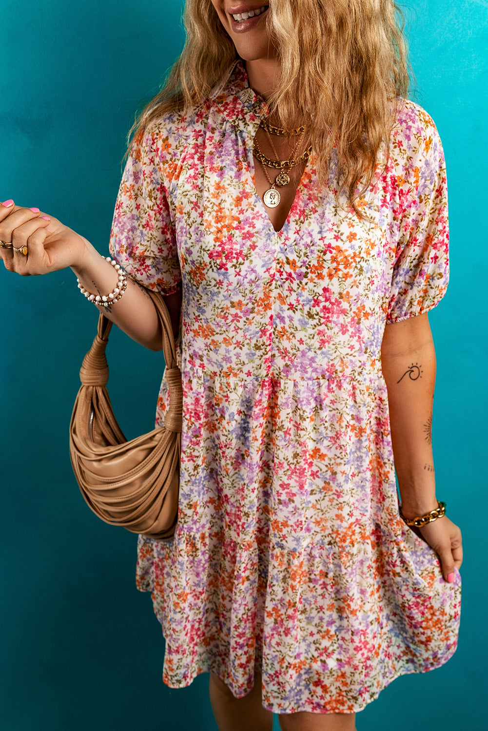 Red Floral Print Notched V Neck Puff Sleeve Tiered Mini Dress