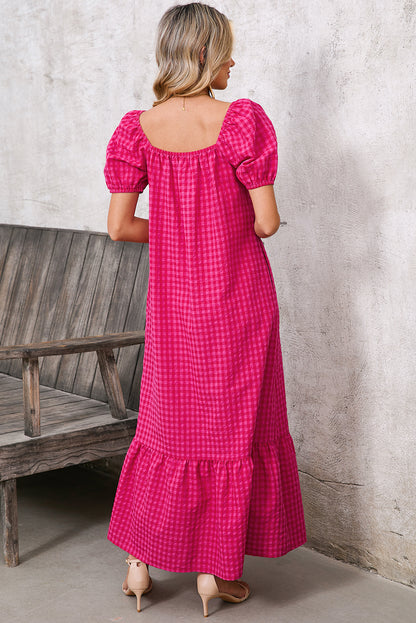 Rose Plaid Square Neck Puff Sleeve Maxi Dress