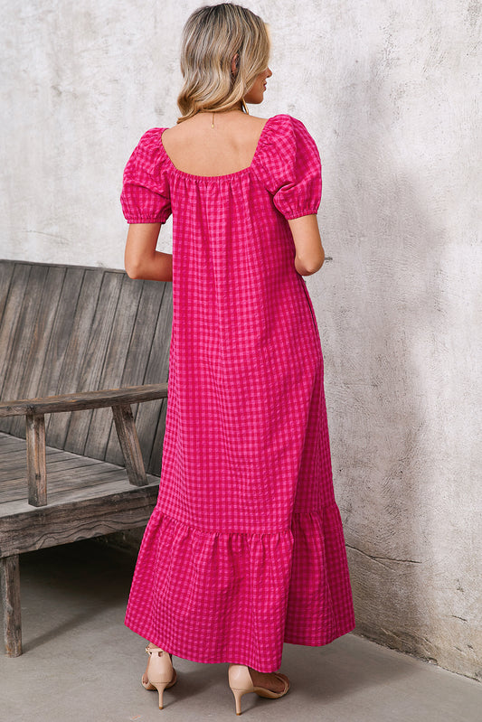 Rose Plaid Square Neck Puff Sleeve Maxi Dress