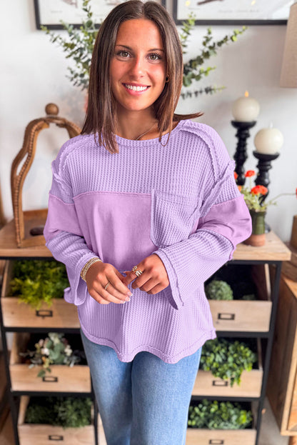 Phalaenopsis Thermal Waffle Knit Patchwork Long Sleeve Top
