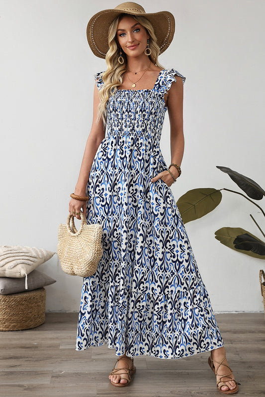 Sky Blue Boho Print Smocked High Waist Maxi Dress