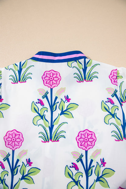 Sky Blue Floral Print Pop of Color V Neck Mini Dress