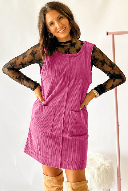 Rose Red Corduroy Exposed Seam Sleeveless Mini Dress