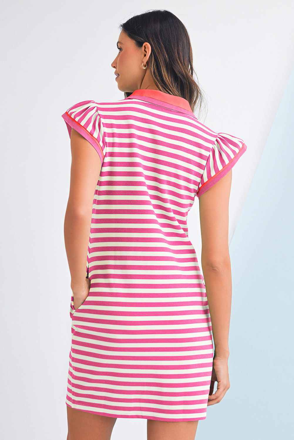 Green Striped Ruffle Short Sleeve Pop of Color Neckline Dress
