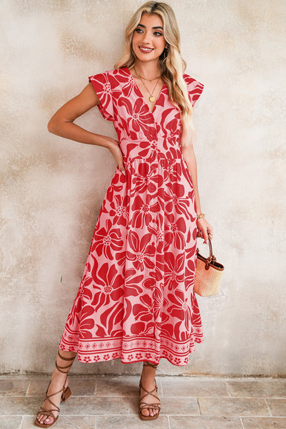 Red Boho Floral V-Neck Ruffle Shoulder Maxi Dress