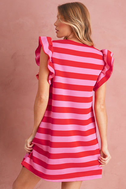 Black Stripe Flutter Sleeve Round Neck Shift Mini Dress