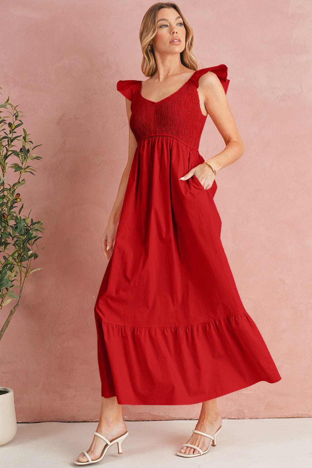 Apricot Pink V Neck Flutter Sleeve Smocked Bodice High Waist Ruffle Maxi Dress