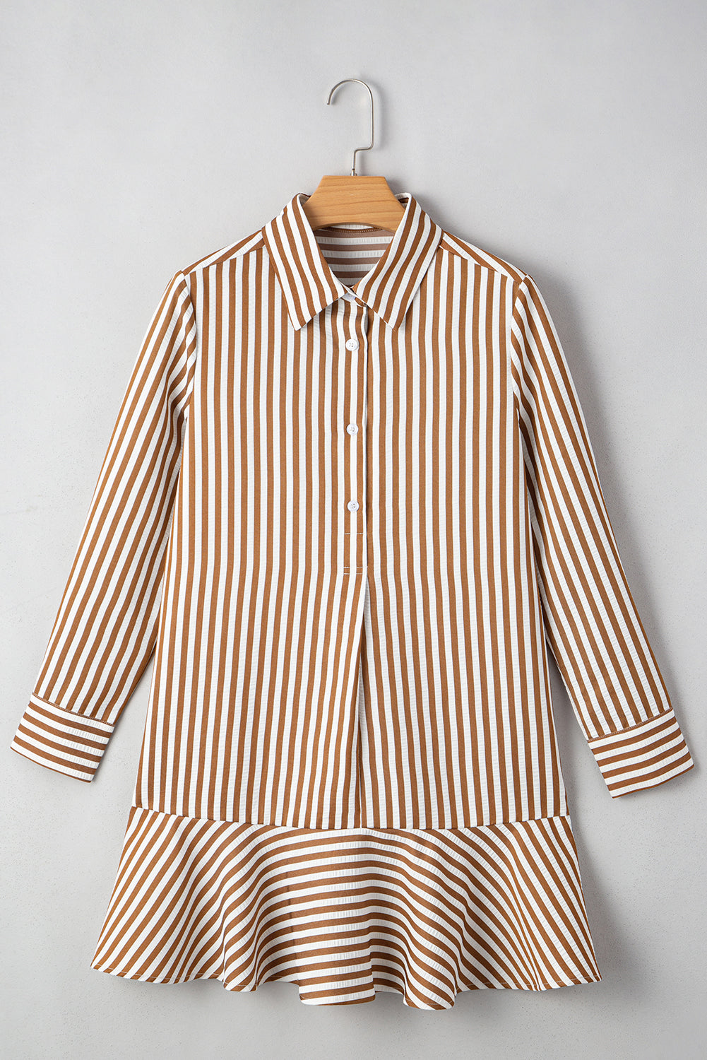 Brown Stripe Ruffle Hem Collared Long Sleeve Shirt Mini Dress