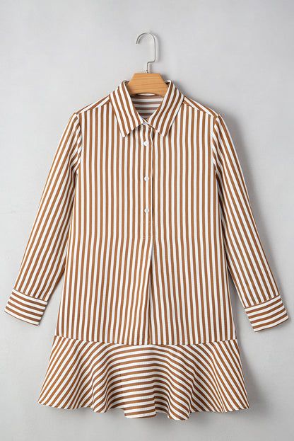 Brown Stripe Ruffle Hem Collared Long Sleeve Shirt Mini Dress