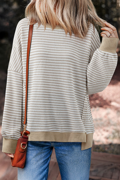 Red Stripe Ribbed Trim Drop Shoulder Long Sleeve Oversized Top