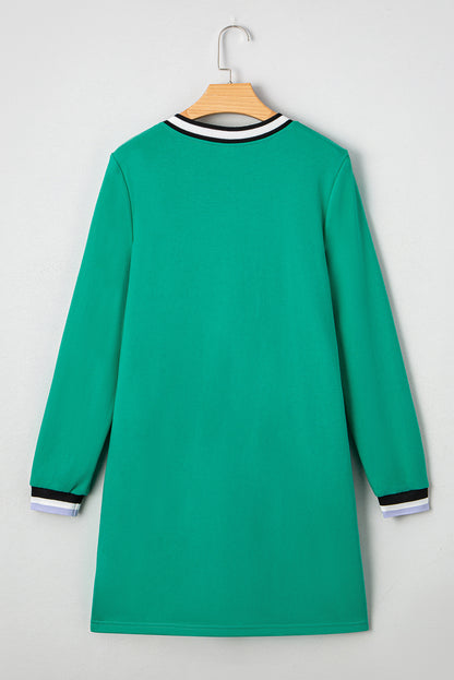 Mint Green Preppy Contrast Striped V Neck Long Sleeve T-shirt Dress
