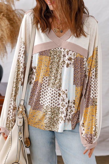 White Floral Print Patchwork Long Sleeve Top