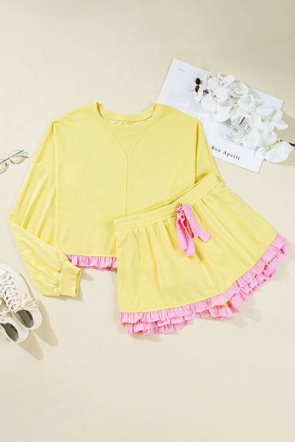 Yellow Ruffle Striped Hem Patchwork Pullover Top and Shorts Plus Size Set