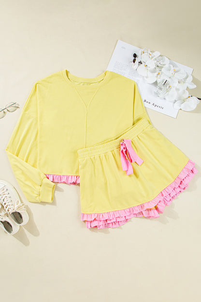 Yellow Ruffle Striped Hem Patchwork Pullover Top and Shorts Plus Size Set