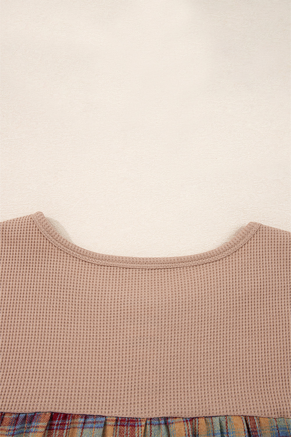Beige Waffle Stripe Plaid Patchwork Henley Top