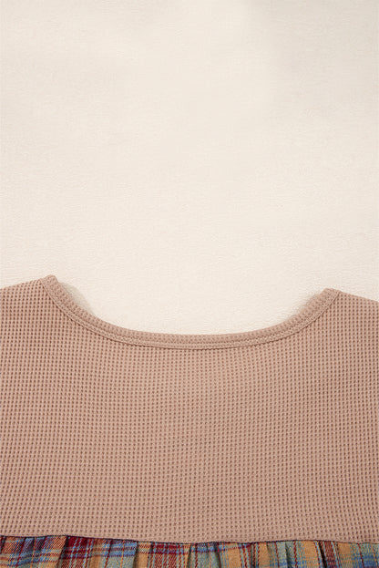 Beige Waffle Stripe Plaid Patchwork Henley Top
