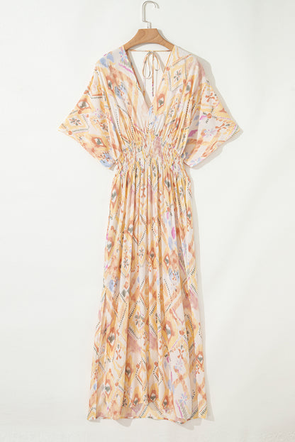 Multicolour Geometric Print Half Sleeve High Waist Maxi Dress