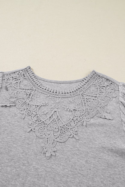 Gray Solid Lace Applique Round Neck Long Sleeve Top