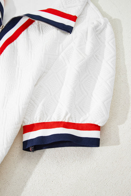 White Pop of Color Neckline Plaid Textured Puff Sleeve Mini Dress