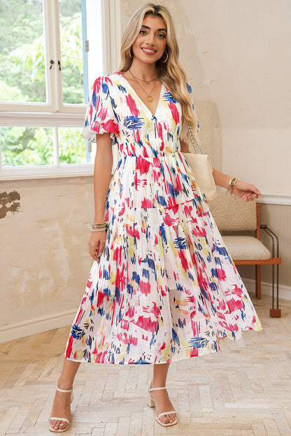 Sky Blue Abstract Print Short Puff Sleeve Tiered Maxi Dress