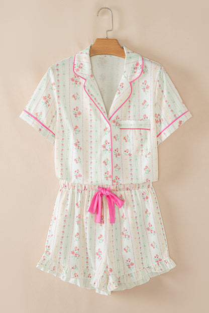 Beige Floral Print Ruffle Hem Shorts Pajama Set