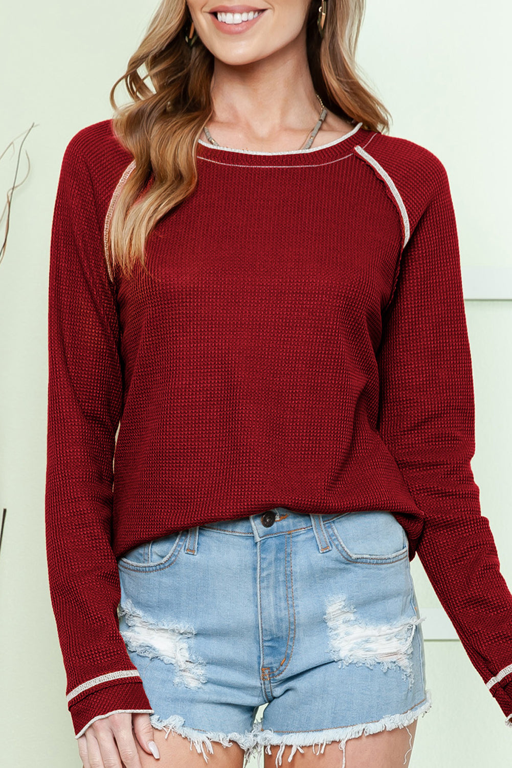 Red Exposed Seam Textured Pullover Long Sleeve Top