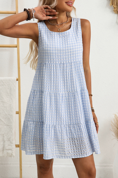 Light Blue Gingham High Waist Sleeveless Mini Dress