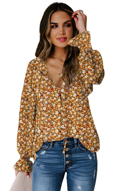 Orange Boho Floral Ruffled Bubble Sleeve V Neck Fall Blouse